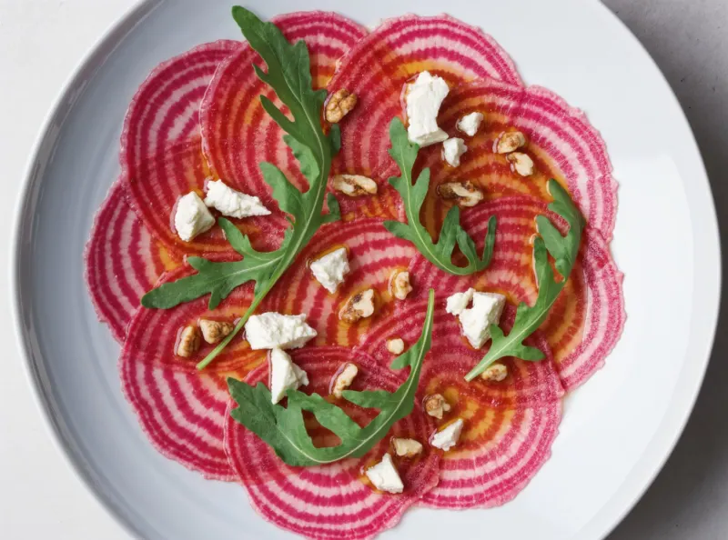 Carpaccio de betterave chioggia, chèvre frais et roquette