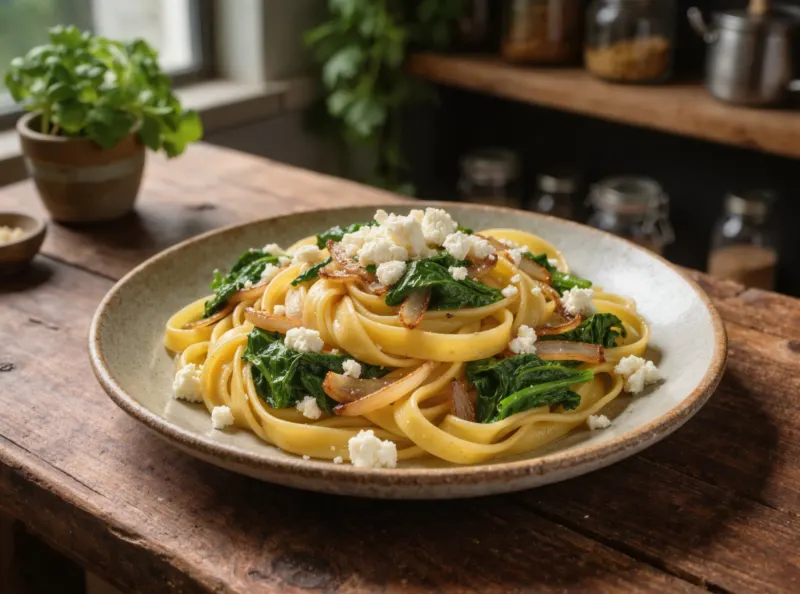 Tagliatelles aux bettes, oignons caramélisés et chèvre