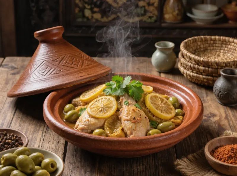 Tajine de poulet au citron confit et aux olives