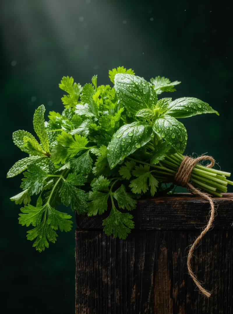 Bottes d'herbes aromatiques fraîches bio : menthe, persil, coriandre et basilic