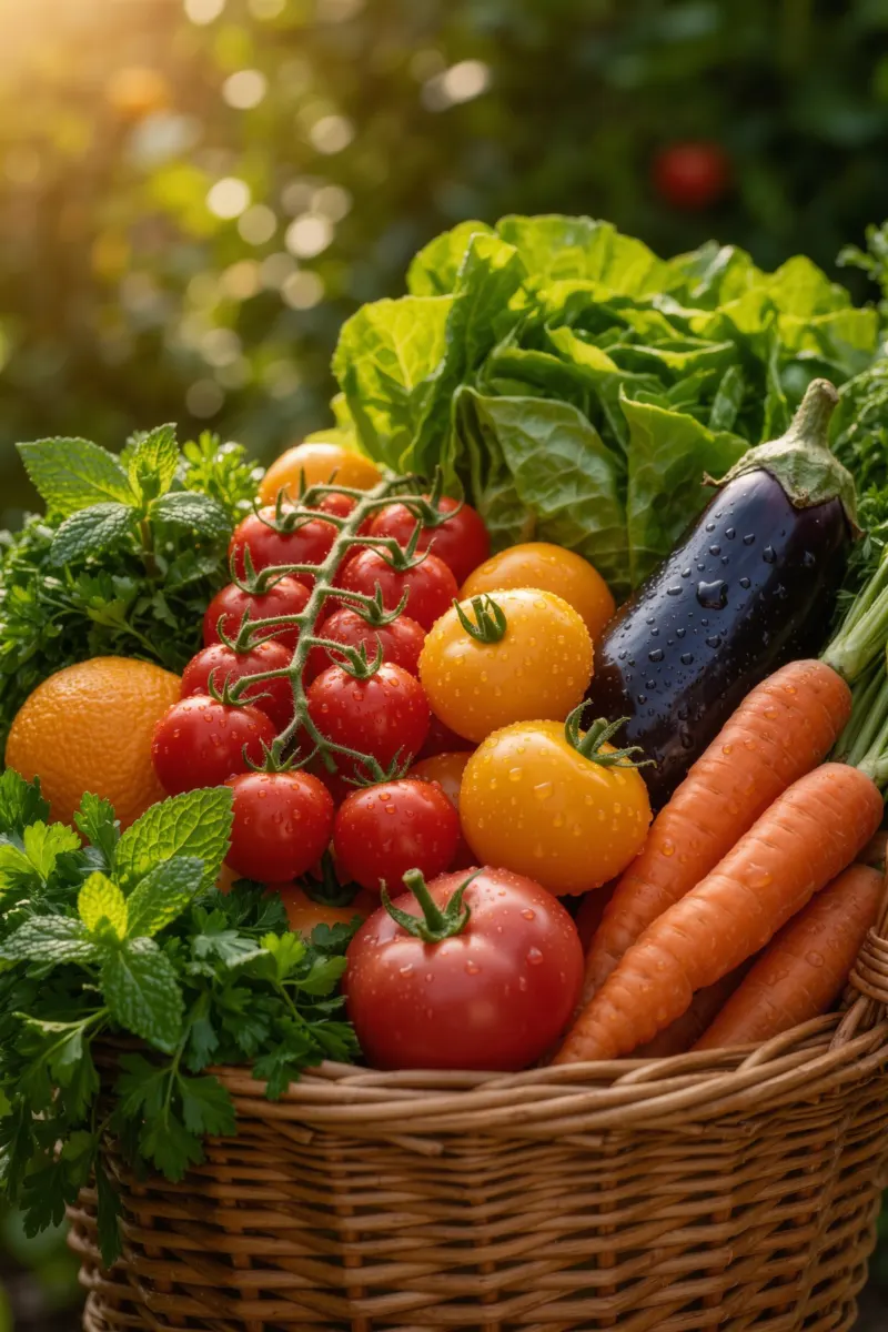 Panier Organic Square rempli de fruits et légumes bio de saison
